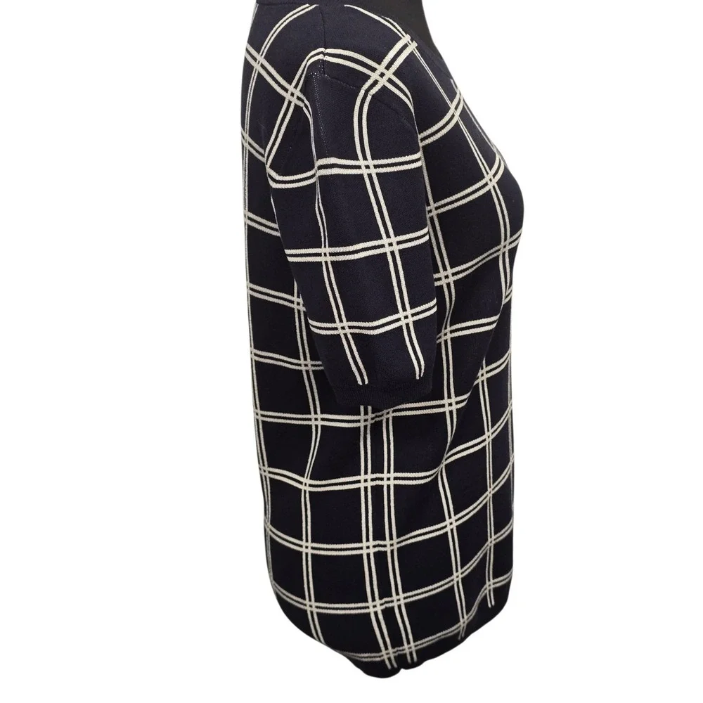 Ann‎ Taylor Petite Navy Grid Knit Top MP Preppy Officecore Classic Chic Stretch